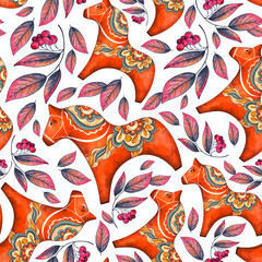 Naklejka premium Scandinavian Wooden Red Horse Seamless Pattern. Floral Folk Ornament, Fall Leaves