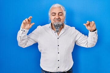 Fototapeta premium Middle age man with grey hair standing over blue background gesturing finger crossed smiling with hope and eyes closed. luck and superstitious concept.
