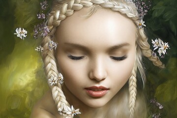 Portrait of a beautiful Slavic woman with blonde hair braided, enjoying freedom in nature. Beautiful greenery in the background. 3D illustration