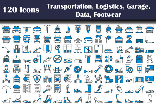 120 Icons Of Transportation, Logistics, Garage, Data, Footwear