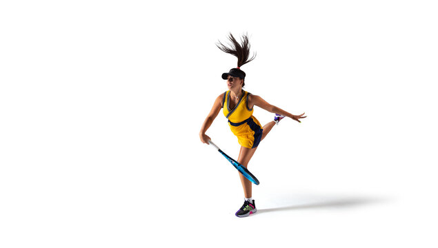 Woman playing tennis isolated on white