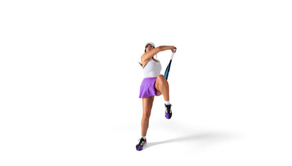 Woman playing tennis isolated on white