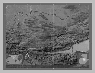 Alta Verapaz, Guatemala. Grayscale. Labelled points of cities