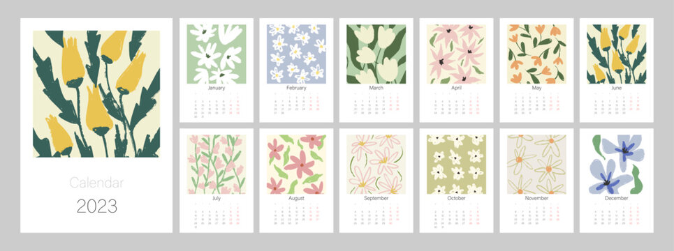 Floral calendar template for 2023. Vertical design with bright colorful flowers and leaves. Editable illustration page template A4, A3, set of 12 months with cover. Vector mesh. Week starts on Monday.