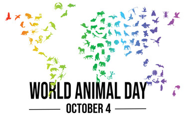 World Animal Day on October 4th each year focuses on improving the welfare of animals around the world. animals design in world map