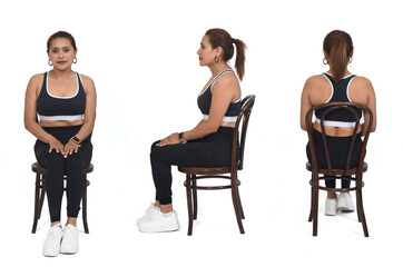 Obraz premium front back and side view of same woman with sprotswear siting on chair on white background