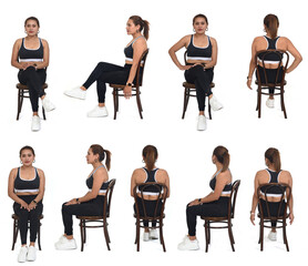large gorup of same woman sportswear various poses sitting on chair on white background