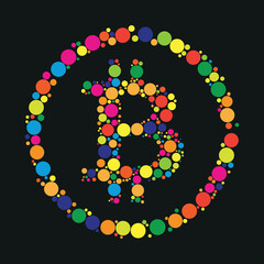 Bitcoin symbol made of colorful circles in black background - Cryptocurrency and blockchain first coin