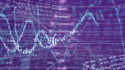Animation of financial data processing with dna strand on purple background - Powered by Adobe
