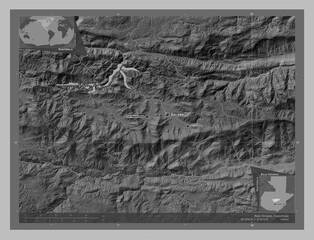 Baja Verapaz, Guatemala. Grayscale. Labelled points of cities