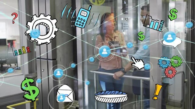 Animation of connections with icons over diverse businesspeople in elevator