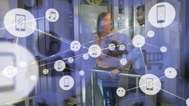 Animation of connections with icons over diverse businesspeople in elevator