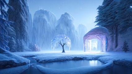 Naklejka na ściany i meble Winter snowy park. Trees in the snow, a frozen river, snowdrifts and ice. Fantasy winter landscape. Frosty sunset. 3D illustration.