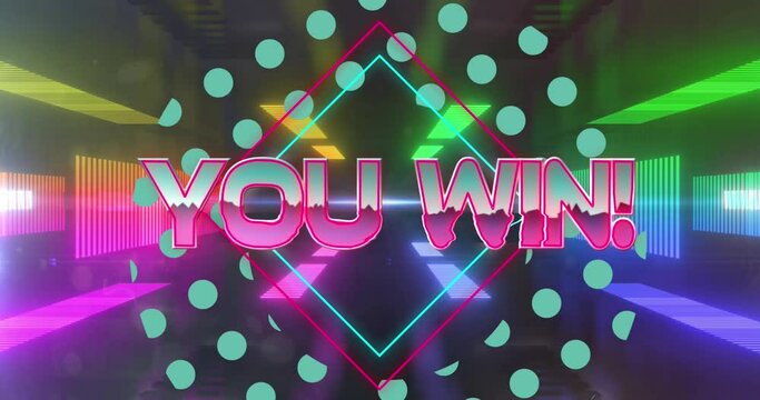 Animation of you win over digital space with neon lights and shapes