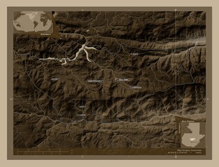 Baja Verapaz, Guatemala. Sepia. Labelled points of cities