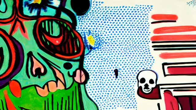 Generative AI colorful animation of graffiti painting of mexican skulls. Digital image painted illustration of Halloween videoloop cubist style with markers.