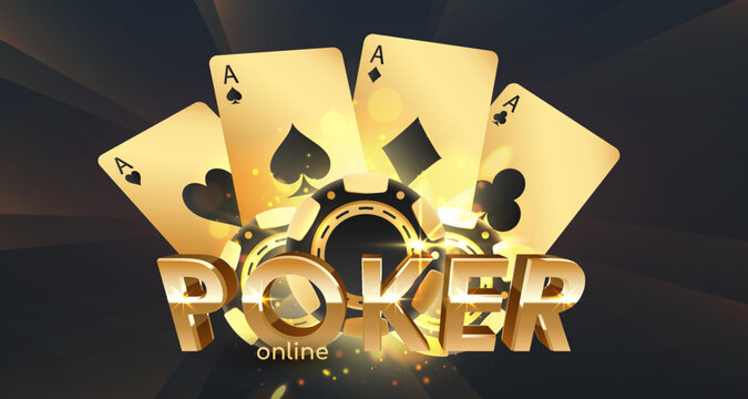 Banner with golden letters Poker online with three poker chips, tokens, playing cards on black background with gold lights, sparkles and bokeh. Vector illustration.