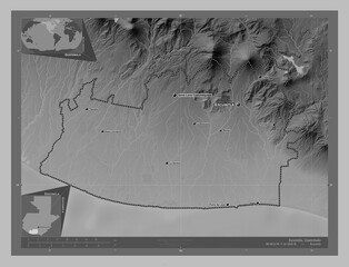 Escuintla, Guatemala. Grayscale. Labelled points of cities
