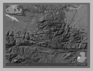Huehuetenango, Guatemala. Grayscale. Labelled points of cities