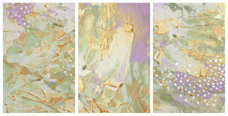Art acrylic and oil smear blot painting. Interior abstract triptych wall. Beige, green and gold color canvas texture stain brushstroke background.
