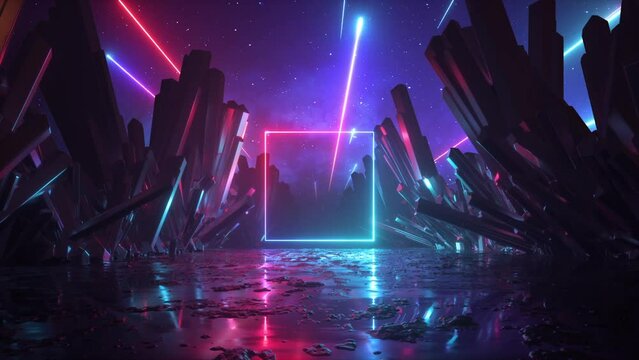 3d virtual reality scenery with neon square frame, falling stars and crystal rocks. Flight backwards the extraterrestrial landscape, abstract futuristic background