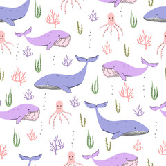 Vector seamless pattern in doodle style with marine animals and algae. Big whales, corals, octopus in cartoon style.