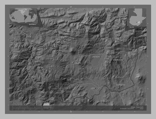 Jalapa, Guatemala. Grayscale. Labelled points of cities