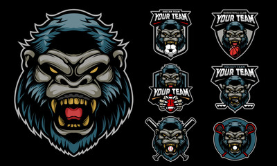Gorilla Head Mascot Logo with logo set for team football, basketball, lacrosse, baseball, hockey , soccer .suitable for the sports team mascot logo .vector illustration.