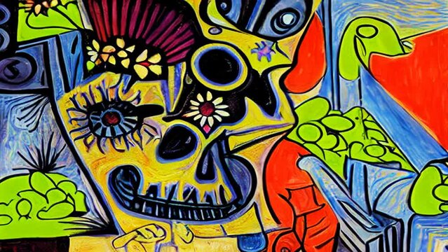 Generative AI colorful animation of graffiti painting of mexican skulls and skeletons. Digital image painted illustration of Halloween videoloop cubist style with markers.