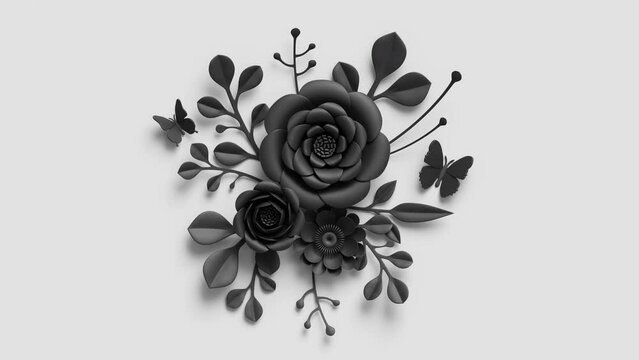 animated 3d black paper flowers appearing and growing, dramatic botanical composition, decorative bouquet isolated on white background