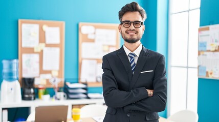 Young hispanic man business worker standing with arms crossed gesture at office