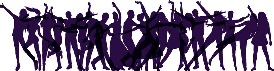 people dancing, crowd silhouette on white background isolated