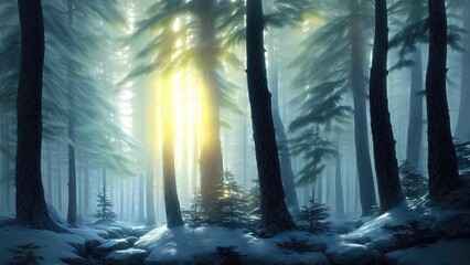 Winter snowy park. Trees in the snow, a frozen river, snowdrifts and ice. Fantasy winter landscape. Frosty sunset. 3D illustration.