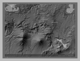 Sacatepequez, Guatemala. Grayscale. Labelled points of cities
