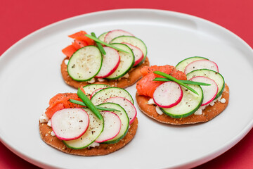 Crispy Cracker Sandwiches with Fresh Salmon, Cucumber, Radish, Cottage Cheese and Green Onions. Easy Breakfast. Quick and Healthy Sandwiches. Crispbread with Tasty Filling. Healthy Dietary Snack