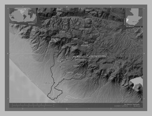 San Marcos, Guatemala. Grayscale. Labelled points of cities