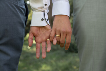 A hand with ring of guy couple on their wedding day