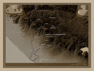 San Marcos, Guatemala. Sepia. Labelled points of cities