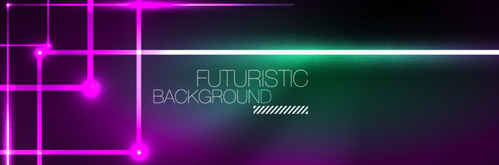 Shiny neon lights, dark abstract background with blurred magic neon light curved lines