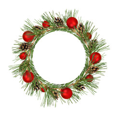 Christmas round frame from pine twigs with red balls and cones isolated on white
