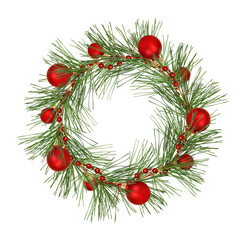 Christmas round frame from pine twigs with red balls isolated on white