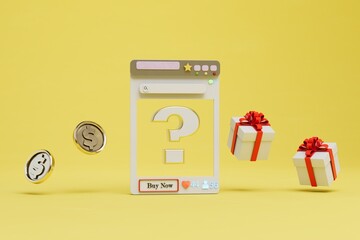 selection of a gift for a certain amount. dollar coins and gift boxes around the website with a question mark. 3D render