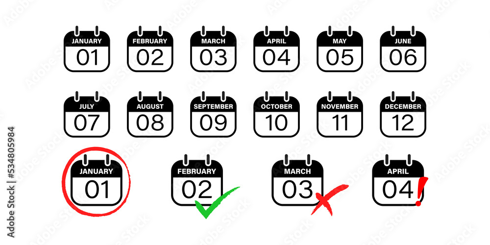 Aufkleber Calendar vector icon set. Time schedule deadline symbol. Month week and day event web element.