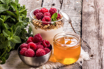 Healthy breakfast with homemade yogurt and raspberries. Granola with yogurt and honey