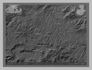 Totonicapan, Guatemala. Grayscale. Labelled points of cities
