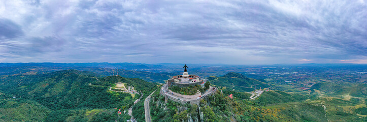 Aerial: panoramic view of Cristo Rey monument and landscape in Guanajuato, Mexico. Drone view