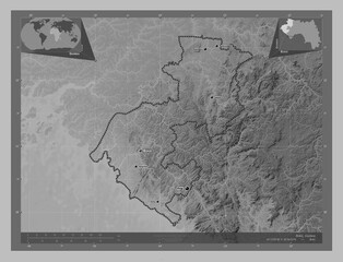 Boke, Guinea. Grayscale. Labelled points of cities