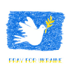 Pray for Ukraine, dove with a branch colored pencils hand drawn vector illustration, Ukraine national flag colors. Blue and yellow symbol of peace. Stop war. Support Ukraine sticker for social media. - 534807305