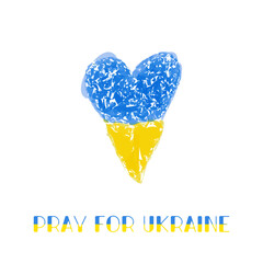 Pray for Ukraine, heart shape colored pencils hand drawn vector illustration, Ukraine national flag colors. Blue and yellow symbol of peace. Stop war. Support Ukraine sticker for social media. - 534807314