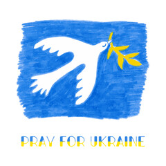 Pray for Ukraine, dove with a branch colored pencils hand drawn vector illustration, Ukraine national flag colors. Blue and yellow symbol of peace. Stop war. Support Ukraine sticker for social media. - 534807318